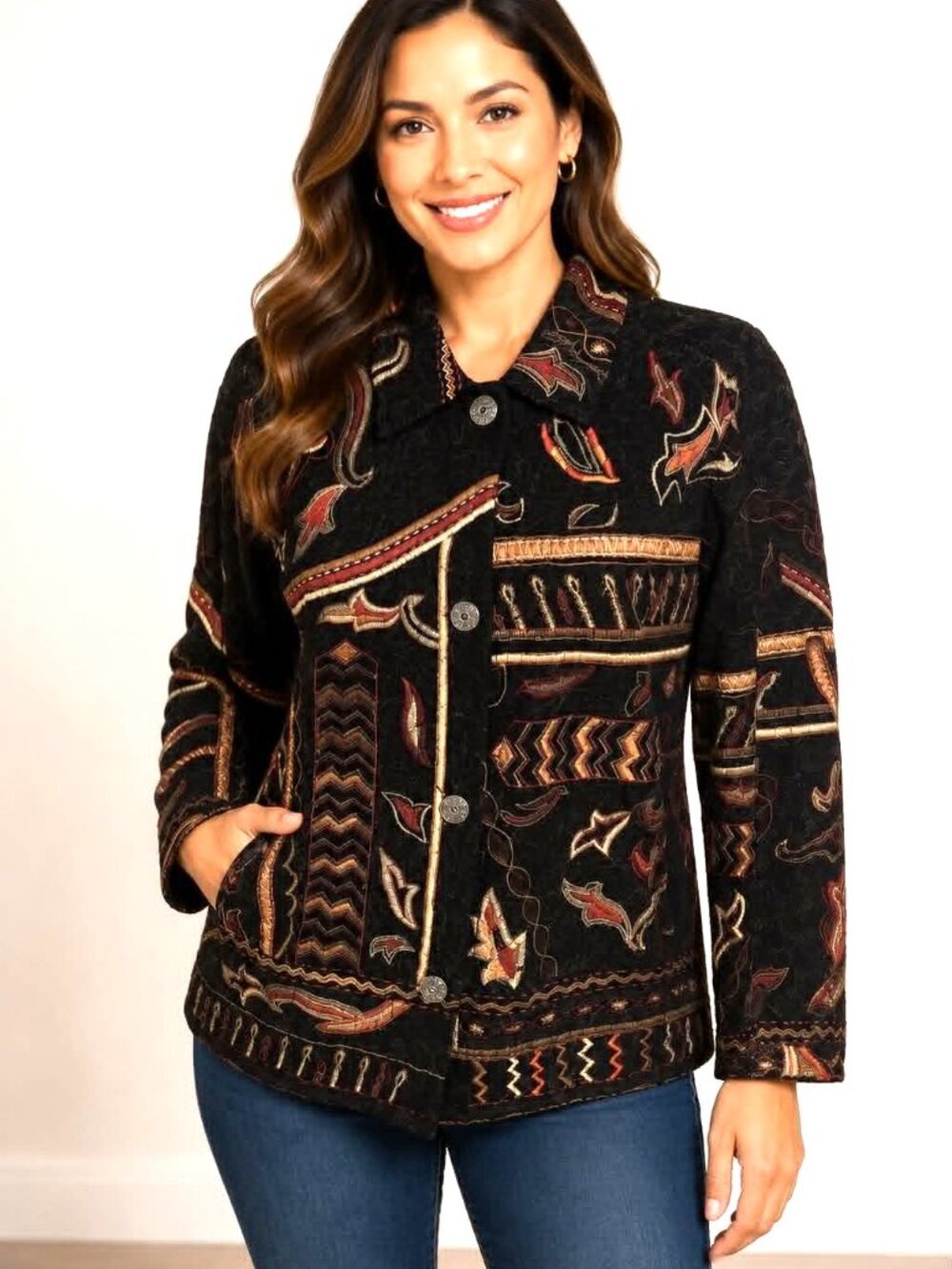 Chico’s Chicos Embroidered Jacket Silver Button Front Rayon Cotton Size 1 M/L